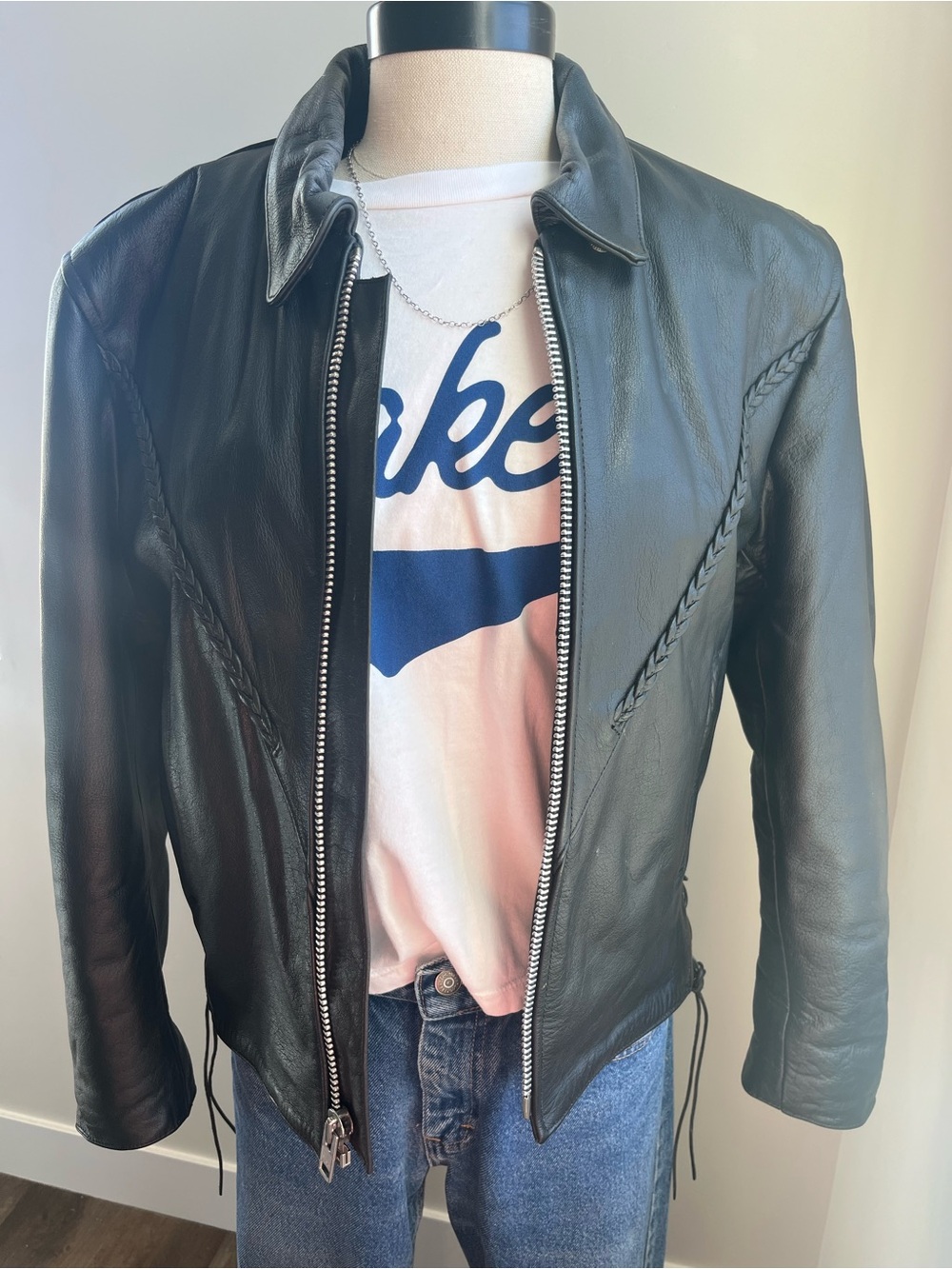 Interstate Leather Women’s Black Biker Jacket M Zip Lined Braided Lace-Up